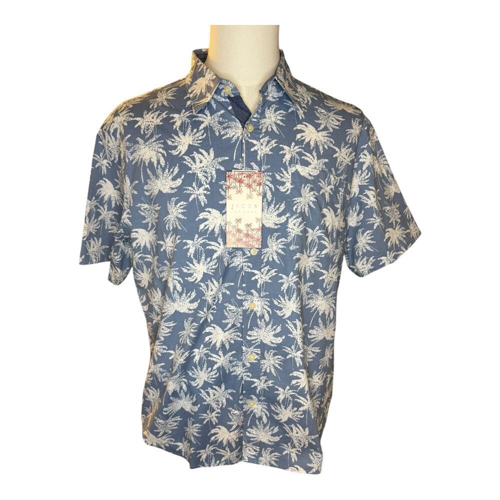 NEW JACHS NY Men's Large Blue Palm Tree Print Short Sleeve‎ Button-Up Shirt NWT